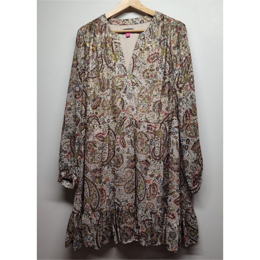 Vince Camuto Mini Dress Women L Cream Floral Metallic Autum Romantic Boho Folk